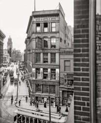 Detroit circa 1910. "Library Park, Gratiot Avenue & Farmer Street." This 8x10 glass plate was originally part of a multi-section panorama whose other parts have been lost, so we'll have to make do with the Dental Depot and its neighbors -- Rudolph Freidenburg's Woolens, and Hiram Goldberg's Union-Made "Clothes of Class," the class available in increments of $5. Also: "Nick Carter," a "Great Detective Story in 3 Parts," playing at the Theatre Royale ("Finest 5¢ Show"). Rising in the background, the domed tower of the Wayne County Building. View full size.