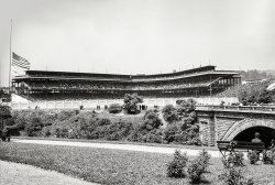 Circa 1910. "Forbes Field, Pittsburgh." A continuation of this image. 8x10 inch dry plate glass negative, Detroit Publishing Company. View full size.
