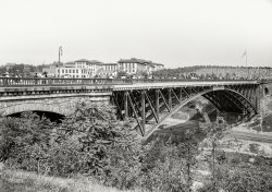 Pittsburgh circa 1910. "Schenley Park Bridge and the 'Tick' (Carnegie-Mellon University)." A continuation of this image. Note loop-the-loop in the park at right. 8x10 inch dry plate glass negative. View full size.