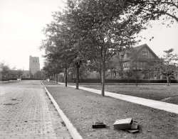 Circa 1910. "St. Mary's Church and Ambery house ('Foxley'), Walkerville, Ontario." In the foreground, holders for the photographer's glass plates. "Foxley," designed by Detroit architect Albert Kahn, was the residence of Clayton J. Ambery, an executive of the Hiram Walker distillery. 8x10 inch dry plate glass negative, Detroit Publishing Company. View full size.