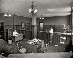&nbsp; &nbsp; &nbsp; &nbsp; UPDATE: Click here for Part 2.
May 22, 1911. "Buhl Stamping Co., Detroit, Mich. Office from inside." Manufacturer of milk cans and tubular lanterns. 8x10 glass negative, Detroit Publishing Company. View full size.