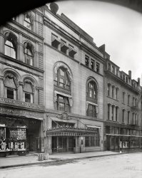 April 1913. "Old Colony Trust Co., Boston. Temple Place branch." If the main course here is the bank, dessert would the Laboratory-Kitchen "licensed victualler" upstairs at left -- part of the lunchroom chain started by chemist-breadmaker Bertha Stevenson, offering "delicious home cooking" for 15 cents. 8x10 inch glass negative, Detroit Publishing Company. View full size.