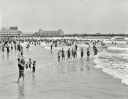 Atlantic City circa 1908. "Bathing beach and Steeplechase Pier." With signs advertising Vaudeville as well as what may or may not be the restrooms. 8x10 inch dry plate glass negative, Detroit Publishing Company. View full size.