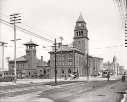Circa 1907. "City Hall -- Atlantic City, N.J." With streetcars of the West Jersey & Seashore Railroad. 8x10 inch dry plate glass negative, Detroit Publishing Company. View full size.