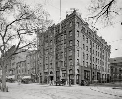 Boston circa 1908. "Hotel Thorndike, Boylston and Church Streets." The establishment last seen here, minus the bulb-studded rooftop sign. 8x10 inch glass negative. View full size.