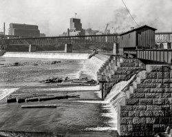 Minneapolis, 1908. "The flour milling district, from lower dam at St. Anthony's Falls." 8x10 inch dry plate glass negative, Detroit Publishing Company. View full size.