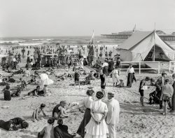 The Jersey Shore circa 1908. "The bathing hour, Atlantic City." 8x10 inch dry plate glass negative, Detroit Publishing Company. View full size.