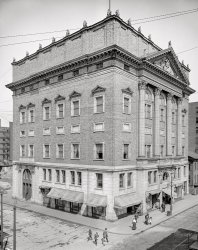 Rochester, New York, circa 1908. "Masonic Temple, North Clinton Avenue and Mortimer Street." Our second visit to this august edifice affords a view of two lads whom we strongly suspect of being Up to Something. 8x10 inch dry plate glass negative. View full size.