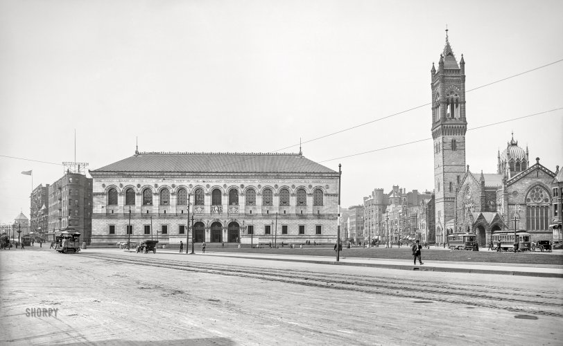 Copley Square: 1912 Boston, Massachusetts, circa 1912. "Copley Square -- Boston Public Library and New Old South Church." 8x10 inch dry plate glass negative, Detroit Publishing Company. View full size.