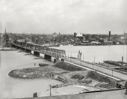 Circa 1909. "Water front -- Toledo, O." The Cherry Street Bridge over the Maumee River. 8x10 inch dry plate glass negative, Detroit Publishing Co. View full size.
