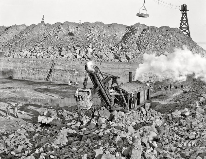 Mike Mulligan: 1910 "Livingstone Channel -- steam shovel removing rock loosened by dynamite." Circa 1910, construction of the navigation channel along the Detroit River. 8x10 inch dry plate glass negative, Detroit Publishing Company. View full size.
