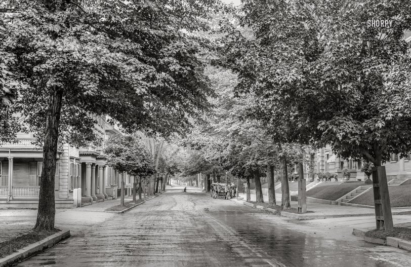 Time Tunnel: 1909 Portsmouth, New Hampshire, circa 1909. "State Street near Rockingham Hotel." Detail of 8x10 inch dry plate glass negative, Detroit Publishing Company. View full size.