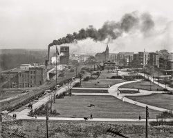 Memphis, Tennessee, circa 1910. "Confederate Park and Front Street." 8x10 inch dry plate glass negative, Detroit Publishing Company. View full size.
