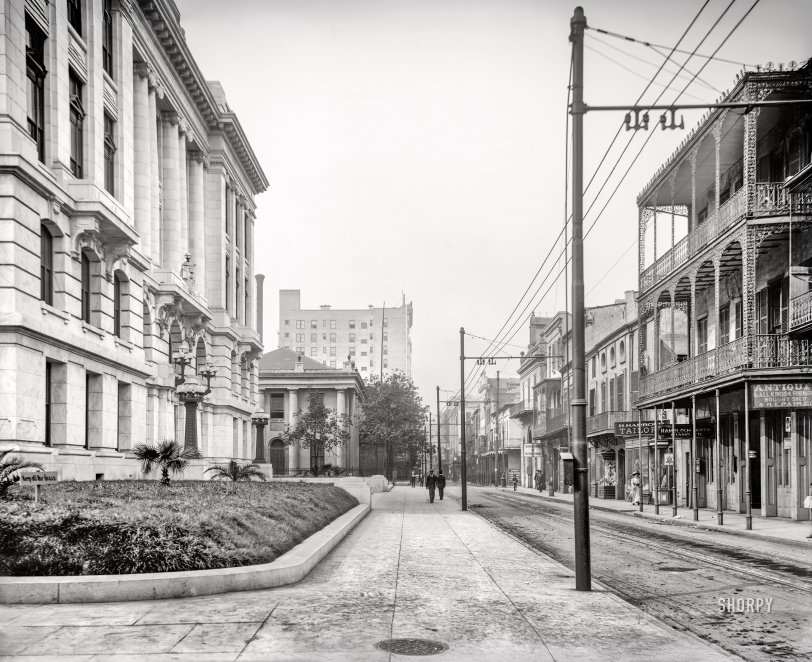 Keep Off the Grass: 1910 New Orleans circa 1910. "Royal Street from the courthouse." Pedestrians will kindly resist any urges to leap into the shrubbery. 8x10 glass negative, Detroit Publishing Co. View full size.