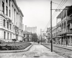 New Orleans circa 1910. "Royal Street from the courthouse." Pedestrians will kindly resist any urges to leap into the shrubbery. 8x10 glass negative, Detroit Publishing Co. View full size.