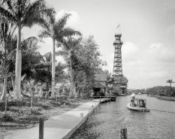 Miami circa 1912. "Car'Dale Tower and landing, head of navigation, Miami River." At left, the Musa Isle Fruit Farm, also known as Richardson Grove. 8x10 inch dry plate glass negative, Detroit Publishing Company. View full size.