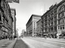 Circa 1911. "Main Street, Buffalo, N.Y." Our idiosyncratically spelled title comes from the marquee at the Hippodrome. Now playing: The Revenue Man and the Girl. 8x10 inch glass negative, Detroit Publishing Company. View full size.