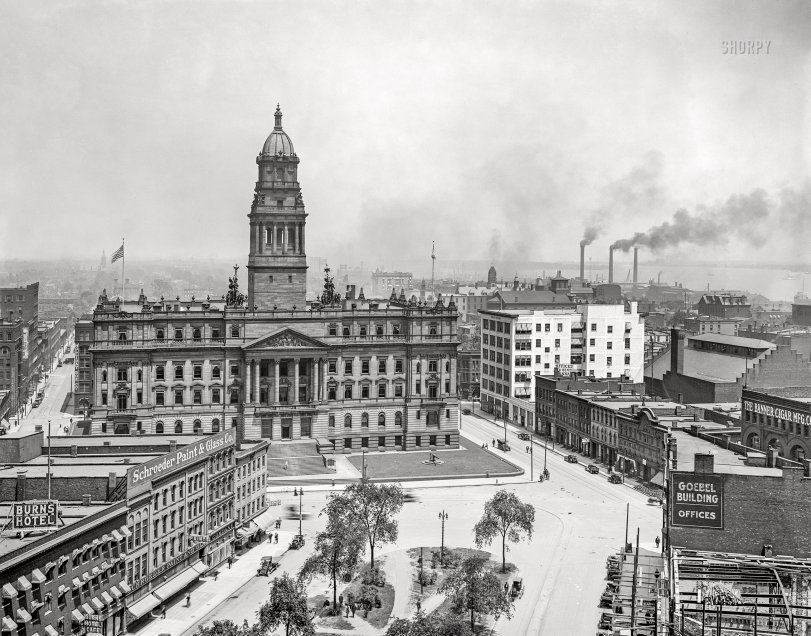 Wayneworld: 1912 Detroit circa 1912. "Wayne County Building and Cadillac Square." Along with a glimpse of the Detroit River. 8x10 inch dry plate glass negative, Detroit Publishing Company. View full size.