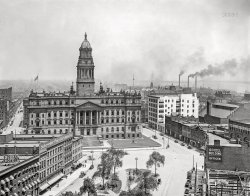 Detroit circa 1912. "Wayne County Building and Cadillac Square." Along with a glimpse of the Detroit River. 8x10 inch dry plate glass negative, Detroit Publishing Company. View full size.