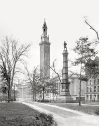 Springfield, Massachusetts, circa 1912. "Municipal Building and Civil War monument from Court Square." 8x10 inch dry plate glass negative, Detroit Publishing Company. View full size.