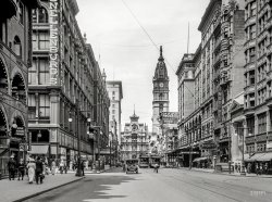&nbsp; &nbsp; &nbsp; &nbsp; At 548 feet, Philadelphia City Hall, completed in 1901 with its clock tower topped by a statue of William Penn, is the world's tallest masonry building.
Philadelphia circa 1912. "Market Street west from Eleventh, with view of City Hall." 8x10 inch glass negative, Detroit Publishing Company. View full size.