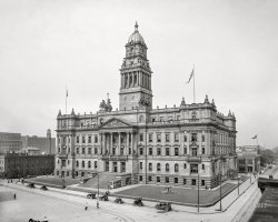 Detroit, Michigan, circa 1908. "Wayne County Building facing Cadillac Square." Complete with cannon. 8x10 inch dry plate glass negative, Detroit Publishing Company. View full size.