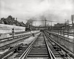 Detroit circa 1910. "Approach to the Michigan Central Railroad tunnel." Another view of the electrified tracks going under the Detroit River. 8x10 inch glass negative. View full size.