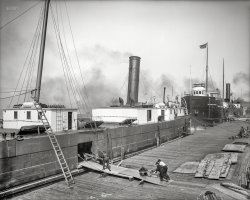 Lake Erie circa 1905. "Freighters Chili & Wm. Castle Rhodes at Cleveland." After half a century of service that included a number of sinkings, groundings and collisions, the Chili (renamed the Sarnian in 1913) was scrapped in 1944. 8x10 inch dry plate glass negative, Detroit Publishing Co. View full size.
