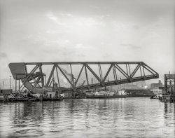 Cleveland circa 1910. "Lift Bridge, Cuyahoga River." 8x10 inch dry plate glass negative, Detroit Publishing Company. View full size.