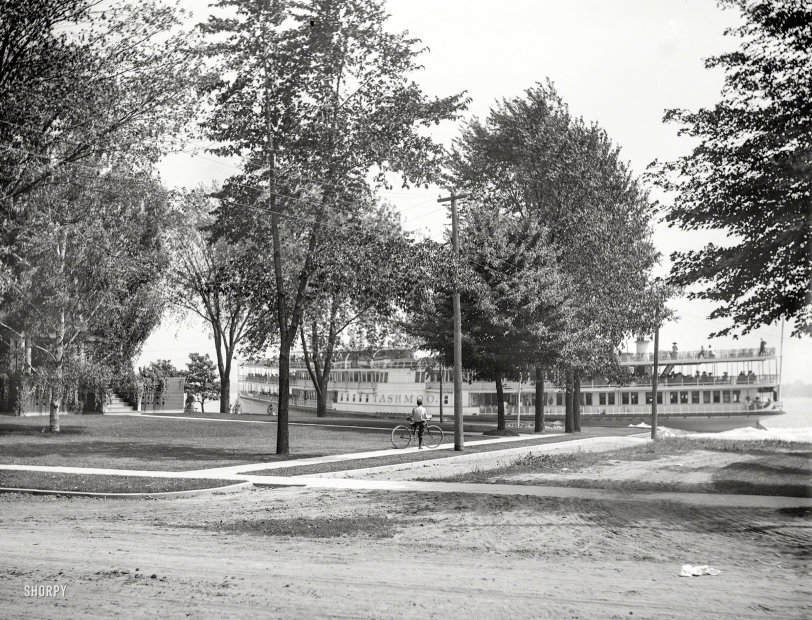 The Detroit River circa 1906. Steamer Tashmoo at St. Clair Flats, Michigan." 8x10 inch dry plate glass negative, Detroit Publishing Company. View full size.
