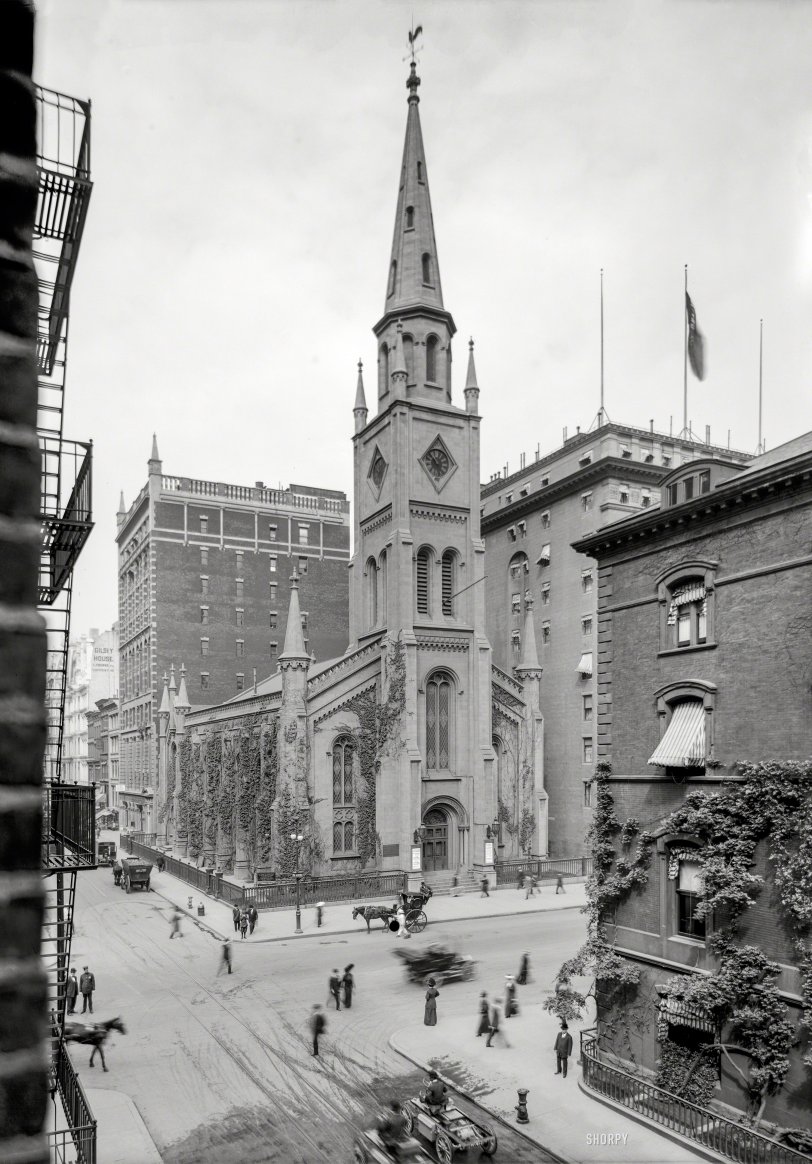 October 1907. "Marble Collegiate Church, Fifth Avenue, New York." Be there at 11 Sunday morning on Oct. 6 (today!) for Dr. Burwell's sermon, "The King's Outriders." 8x10 inch glass negative, Detroit Publishing Co. View full size.