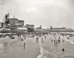 Atlantic City circa 1914. "Bathers in front of Chalfonte Hotel and Steeplechase Pier." 8x10 inch glass negative, Detroit Publishing Company. View full size.