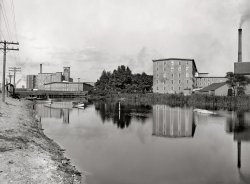Fall River, Massachusetts, circa 1910. "Barnard and Wampanoag Mills, Quequechan River." Two historic textile mills. 8x10 inch glass negative, Detroit Publishing Company. View full size.