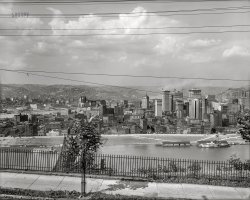 Pittsburgh, Pennsylvania, circa 1912. "A group of skyscrapers." Behind the sapling, the Wabash Bridge over the Monongahela River; in the distance, the Sixth Street Bridge over the Allegheny. 8x10 inch dry plate glass negative, Detroit Publishing Company. View full size.