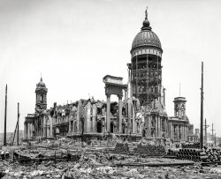 "Ruins of San Francisco City Hall following earthquake and fire of April 1906." 8x10 inch dry plate glass negative, Detroit Publishing Company. View full size.