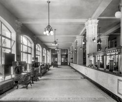 Detroit circa 1908. "Gas office, first floor, looking back; cashier windows at right." The lobby of the Detroit City Gas Company. 8x10 inch glass negative, Detroit Publishing Co. View full size.