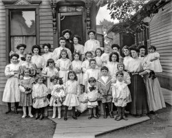 Detroit circa 1910. "Group in front of house, possibly schoolchildren and teachers. 'Mrs. R. Jacque' on negative." 8x10 inch glass negative, Detroit Publishing Company. View full size.