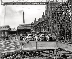 April 28, 1909. Wyandotte, Michigan. "Launching party, steamer Benj. Noble." Early on the morning of April 28, 1914, five years to the day after she slid down the ways of the Detroit Shipbuilding Company, the freighter Benjamin Noble went down in a squall on Lake Superior with the loss of all hands. 8x10 inch glass negative, Detroit Publishing Company. View full size.

