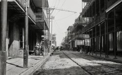 New Orleans circa 1897. "Street in the French Quarter." At left, the portrait studio of photographer Louis Interguglielmi, 227 Royal Street. 5x7 inch glass negative by William Henry Jackson, Detroit Photographic Company. View full size.