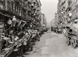 Circa 1905. "Italian neighborhood with street market -- Mulberry Street, New York." 5x7 inch dry plate glass negative, Detroit Publishing Company. View full size.