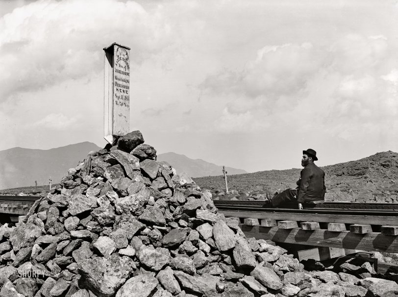 Fatal Stroll: 1902 1902. "Lizzie Bourne monument, Mount Washington, White Mountains, New Hampshire." Miss Bourne, who succumbed to exposure, was just a few hundred feet from the summit house when she expired on that blustery September night in 1855. 5x7 glass negative. View full size.