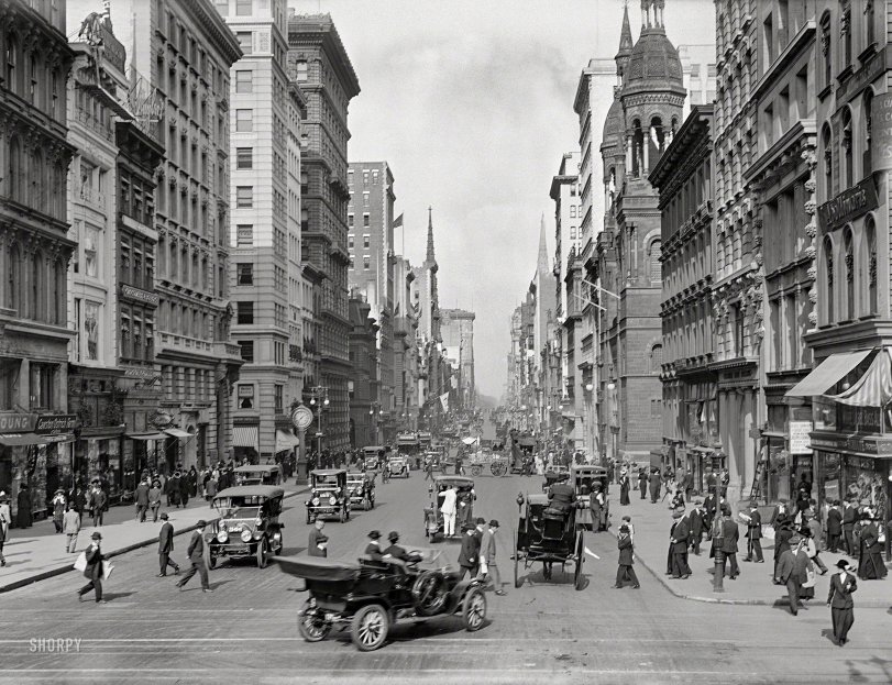 Fifth Avenue: 1912 New York circa 1912. "Fifth Avenue at 42nd Street." At left, the East Coast outlet of California's Cawston Ostrich Farm. 5x7 inch glass negative. View full size.