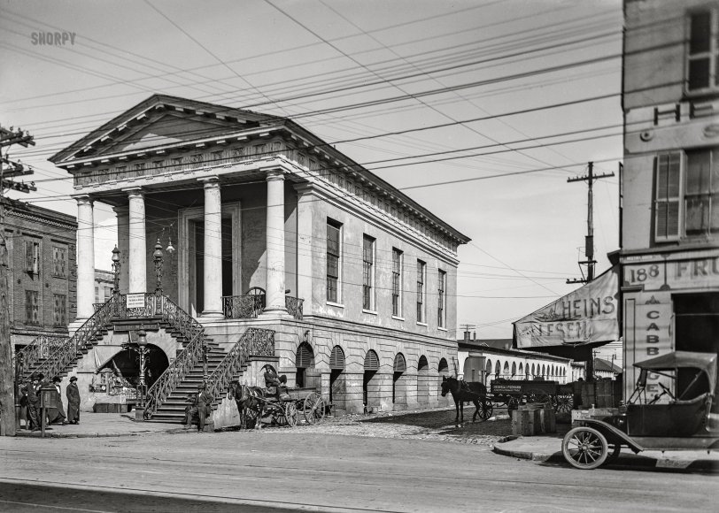 Confederate Relics: 1915 Charleston, South Carolina, circa 1915. "Old Public Market." Market Hall on Meeting Street, with signage advertising a "Collection of Confederate Pictures & Relics, Open to Visitors." 5x7 inch dry plate glass negative, Detroit Publishing Company. View full size.
