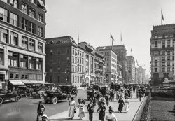 Manhattan circa 1916. "Fifth Avenue from Forty-Second Street." At right, the lions of the New York Public Library. 5x7 inch glass negative, Detroit Publishing Company. View full size.