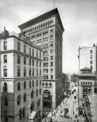 Boston, 1902. "Ames Building and Washington Street." Completed in 1893, this 13-story office building (now a hotel) was Boston's first skyscraper. 8x10 inch gelatin silver glass transparency, Detroit Photographic Company. View full size.
