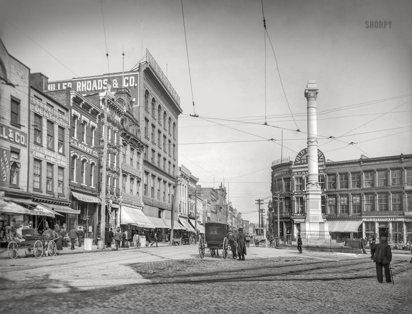 Vitalized Air or Gas: 1905 Norfolk, Virginia, 1905. "Main Street and Market Square (i.e., Commercial Place)." At the crossroads of Painless Dentistry. At right, the Norfolk Confederate Monument two years before completion, minus its "Johnny Reb" statue. 8x10 inch glass transparency. View full size.