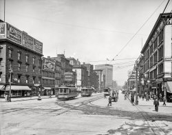 Detroit circa 1905. "Woodward Avenue north from Jefferson." A phantasmagoria of signage advertising vaudeville, soap, cigars and the mandatory Painless Dental Parlors (your choice of Laughing Gas or "Vitalized Air"). 8x10 inch glass negative, Detroit Publishing Co. View full size.