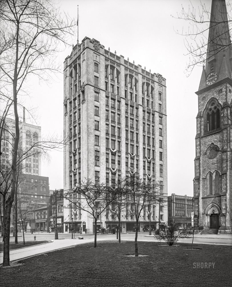 Fyfe Building: 1919 April 1919. "Detroit -- Fyfe Building and United Methodist Church from Grand Circus Park." 8x10 inch dry plate glass negative, Detroit Publishing Company. View full size.