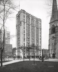 April 1919. "Detroit -- Fyfe Building and United Methodist Church from Grand Circus Park."  8x10 inch dry plate glass negative, Detroit Publishing Company. View full size.