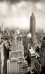 New York, 1932. "60 Wall Tower (70 Pine Street)." The former Cities Service Building. At 67 stories, the world's third tallest structure when completed in 1932. Now a residential tower with units renting from $2,500 to $7,000 a month. Irving Underhill photo. View full size.